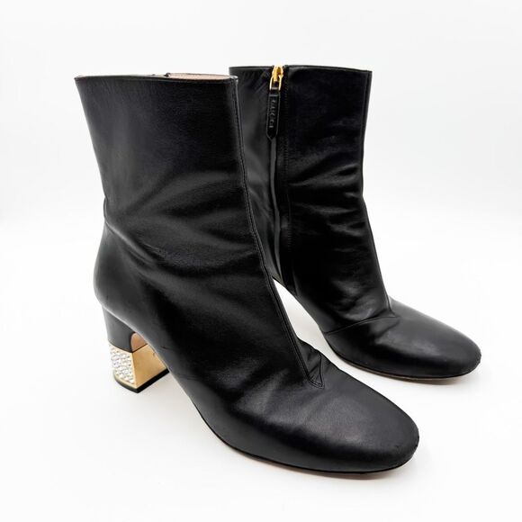 Gucci Black Leather Boots Rhinestone Embellished Block Heels EU 38.5 US 8.5 - Picture 1 of 12